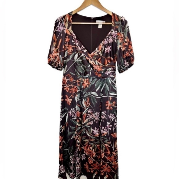 London Times Burgandy Floral Satin Faux Wrap Dress Bloused Sleeves Sz 4 NWT - Picture 12 of 12